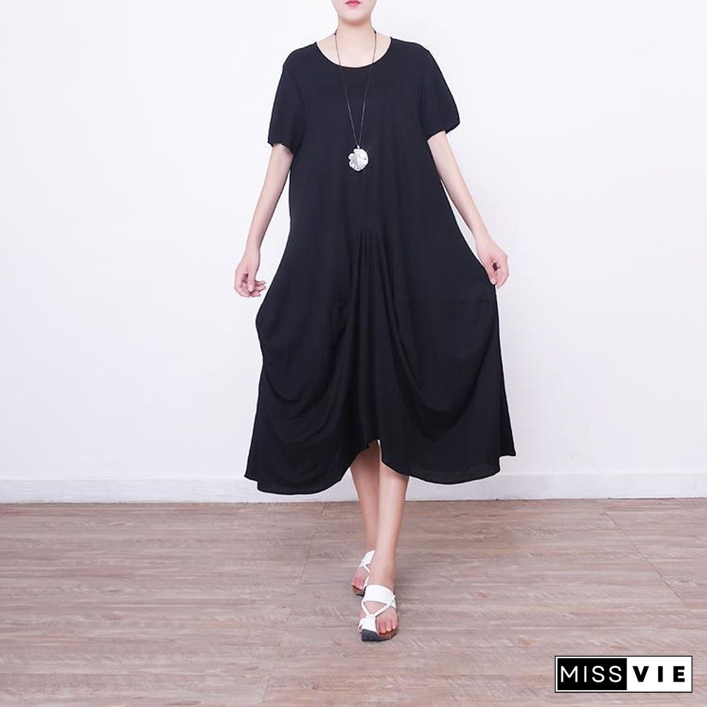 vintage black long linen dress plus size short sleeve linen clothing dresses New asymmetric hem maxi dresses