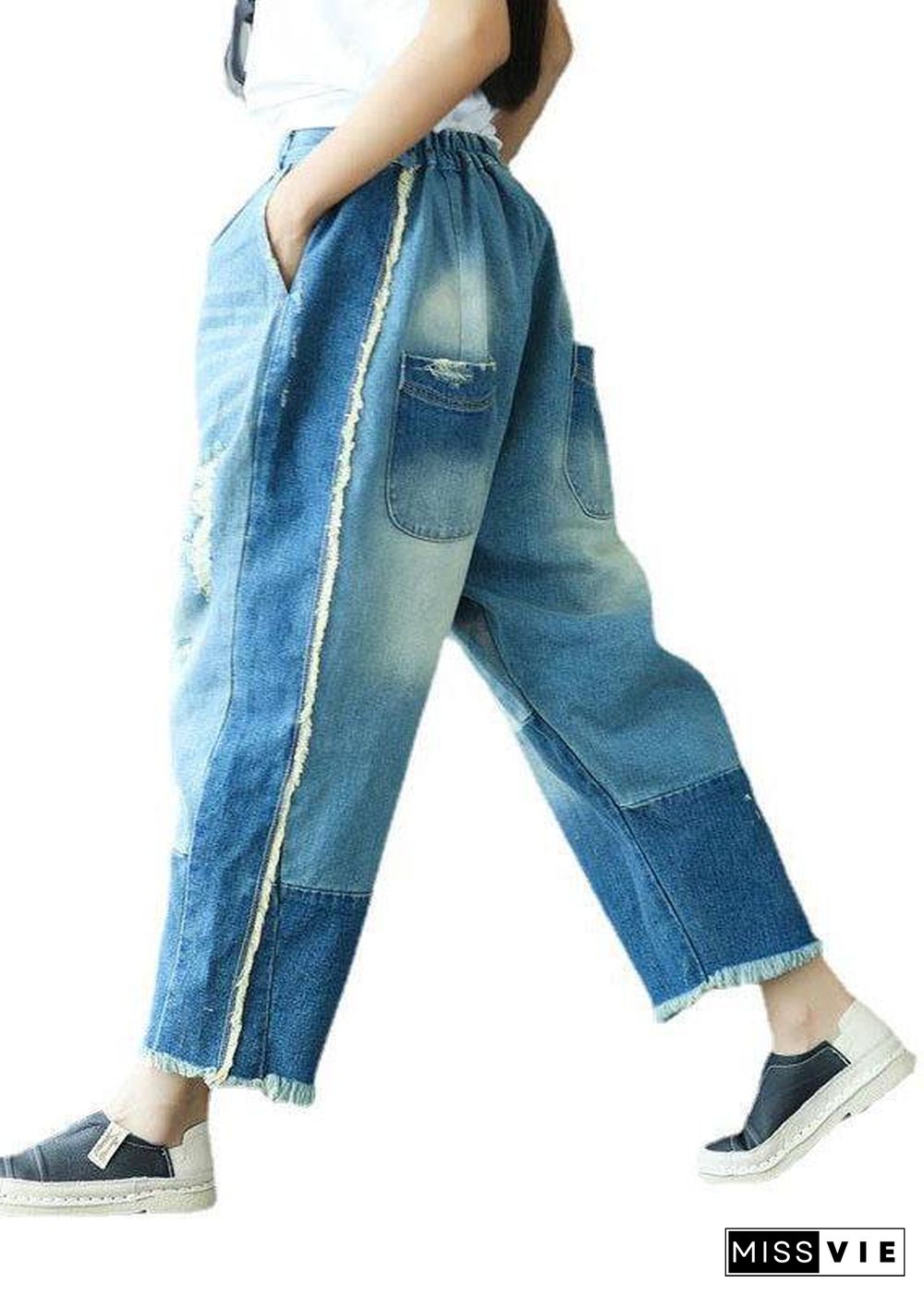 Art Blue Pockets Button Hole Fall Patchwork Pants