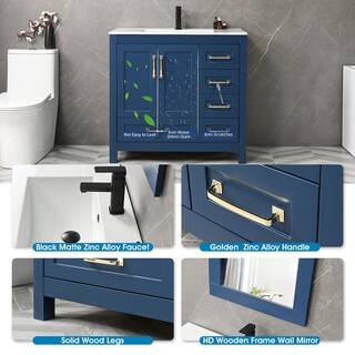 eclife 36 in.  W x 18.3 in.  D x 34 in  H Single Sink Bath Vanity in Blue with White Ceramic Top and Mirror Drain Faucet Set BV019BU+VS020