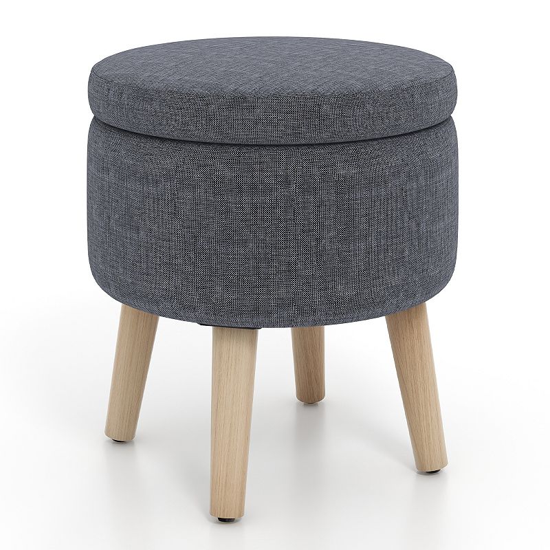 Round Storage Ottoman With Rubber Wood Legs And Adjustable Foot Pads