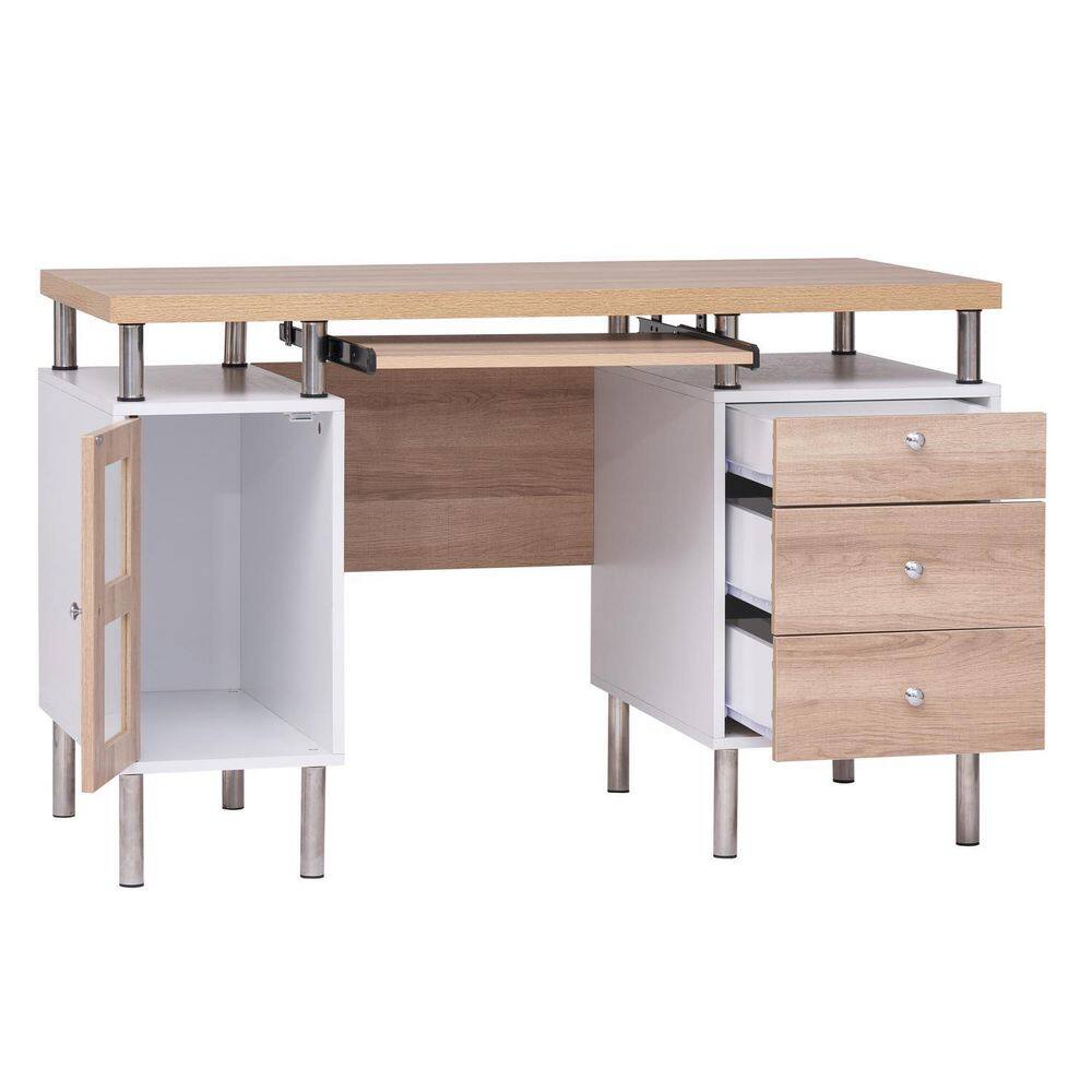 MAYKOOSH 47.2 in. W WhiteNatural Contemporary 2-Tone Desk Rectangular 3-Drawers Executive Desk Cabinet 11225HD