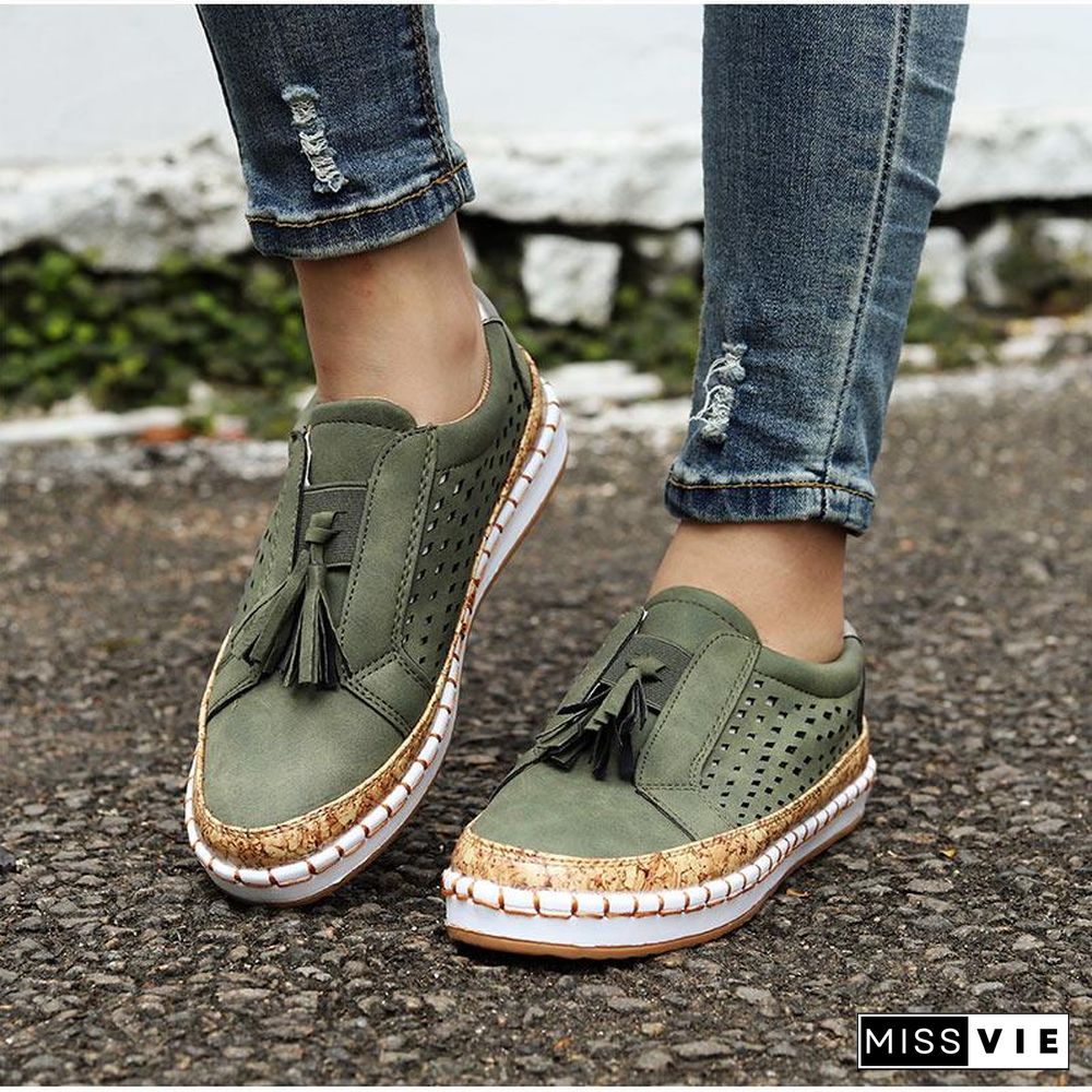 Women Slip On Hollow Out Flats Ladies Breathable Loafers Casual Platform Vulcanized Sewing Sneakers Shoes