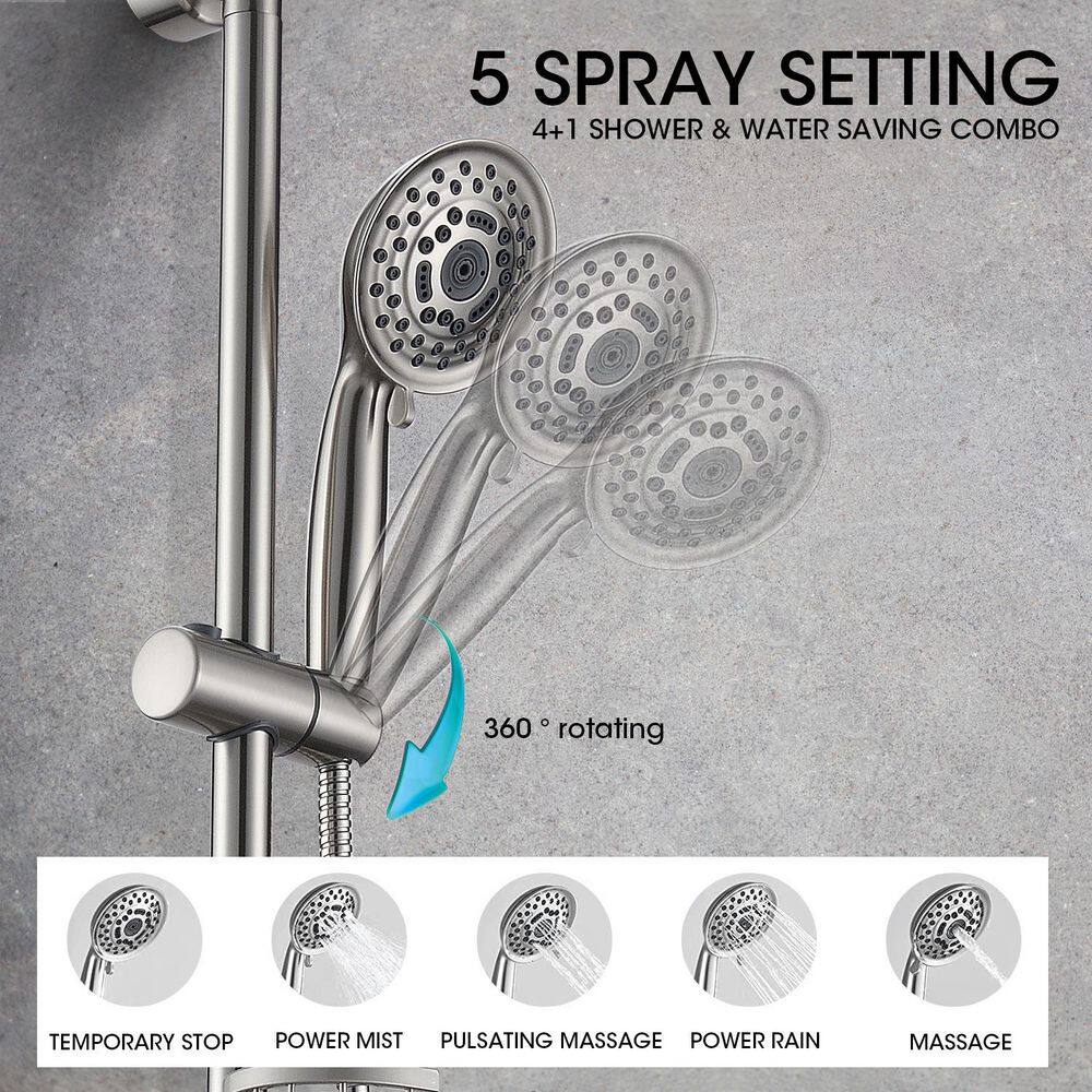 YASINU 5-Spray Wall Slid Bar Round Rain Shower Faucet with Handheld in Brushed Nickel (Valve Included) YNAE1102BN