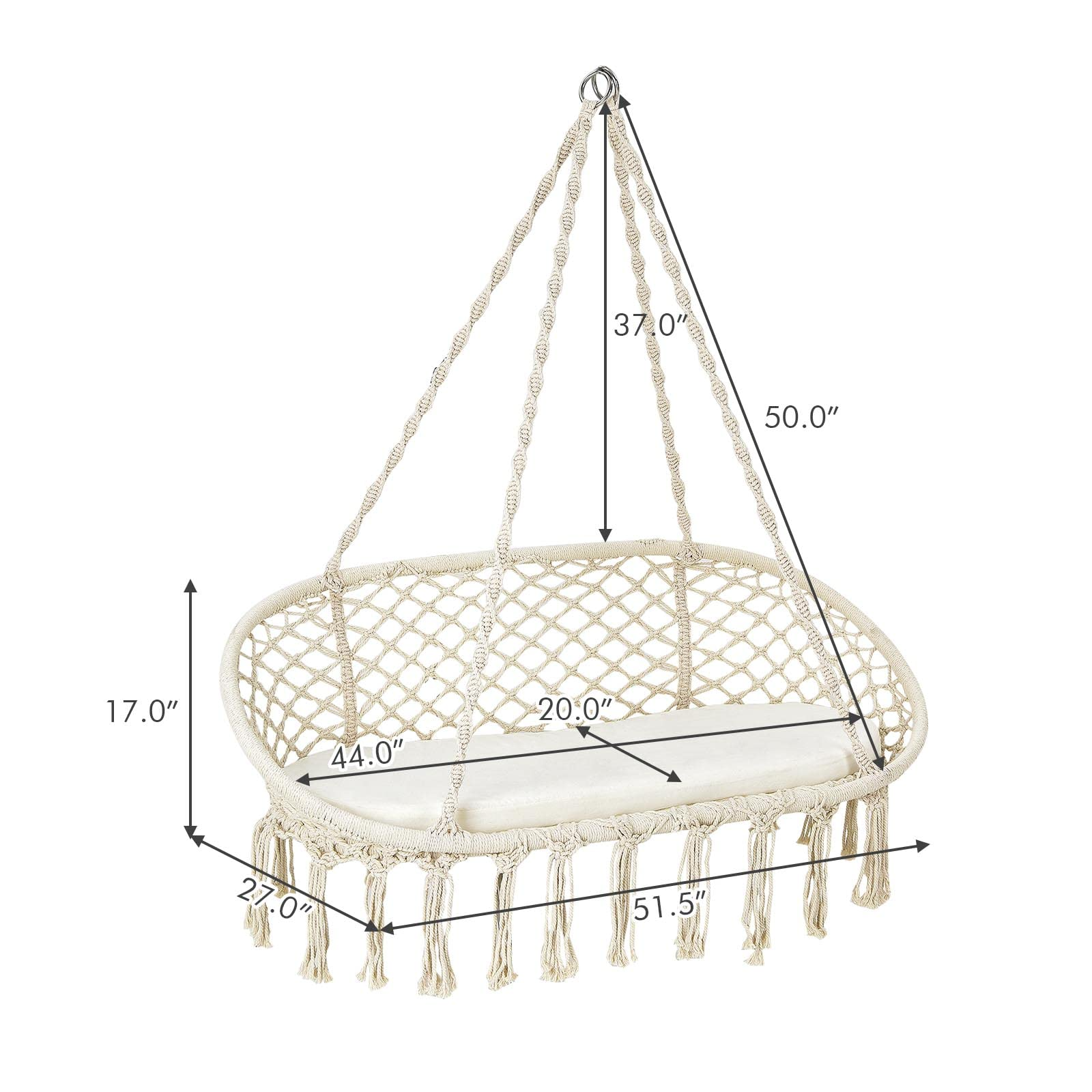 Hammock Chair 2 Seat, Macrame Hanging Chair with Cushion