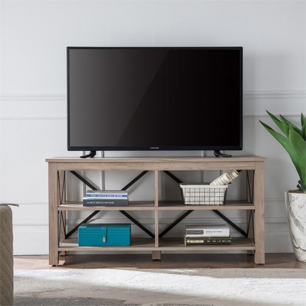 Pemberly Row 50 quotWood with Metal Open Back TV Stand in Gray Oak   Industrial   Entertainment Centers And Tv Stands   by Homesquare  Houzz