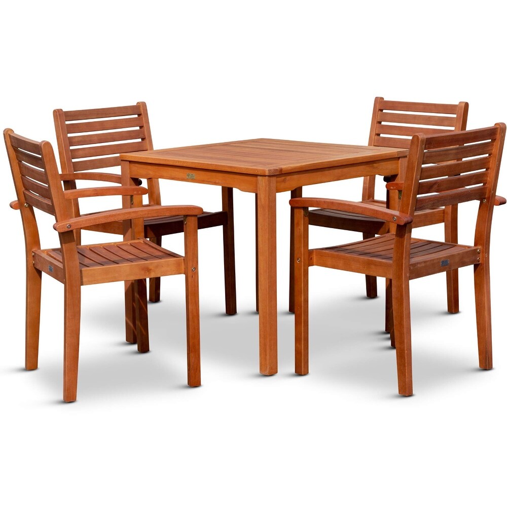 5 Piece Weather Resistant Outdoor Eucalyptus Dining Set，4 stacking armchairs