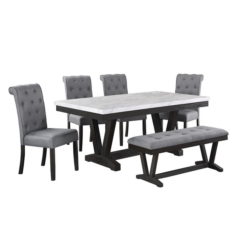 Best Quality Furniture 6 Piece Faux Marble Wrap Table Top Dining Set with Bench