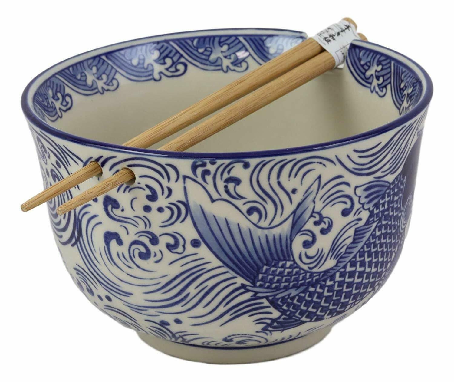 1 Ming Style Feng Shui Koi Fish 6D Pho Ramen Soup Rice Bowl With Chopsticks Set EBR02