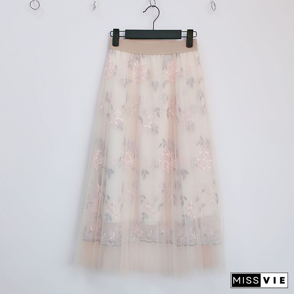 Spring And Summer Korea Mesh Skirt Skirt Heavy Work Embroidery High Waist One Word Long Skirt Fairy Skirt