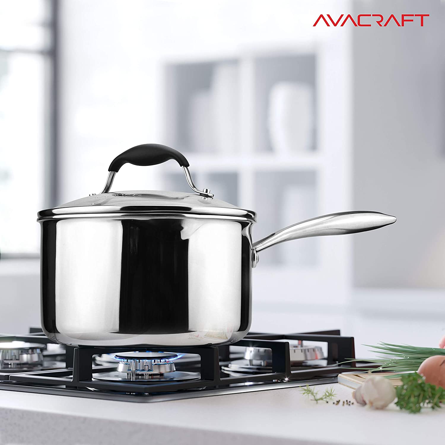 AVACRAFT Tri-Ply Stainless Steel Saucepan with Glass Strainer Lid， Two Side Spouts， Multipurpose Sauce Pan with Lid， Sauce Pot， Cooking Pot (Tri-Ply Full Body， 3.5 Quart)