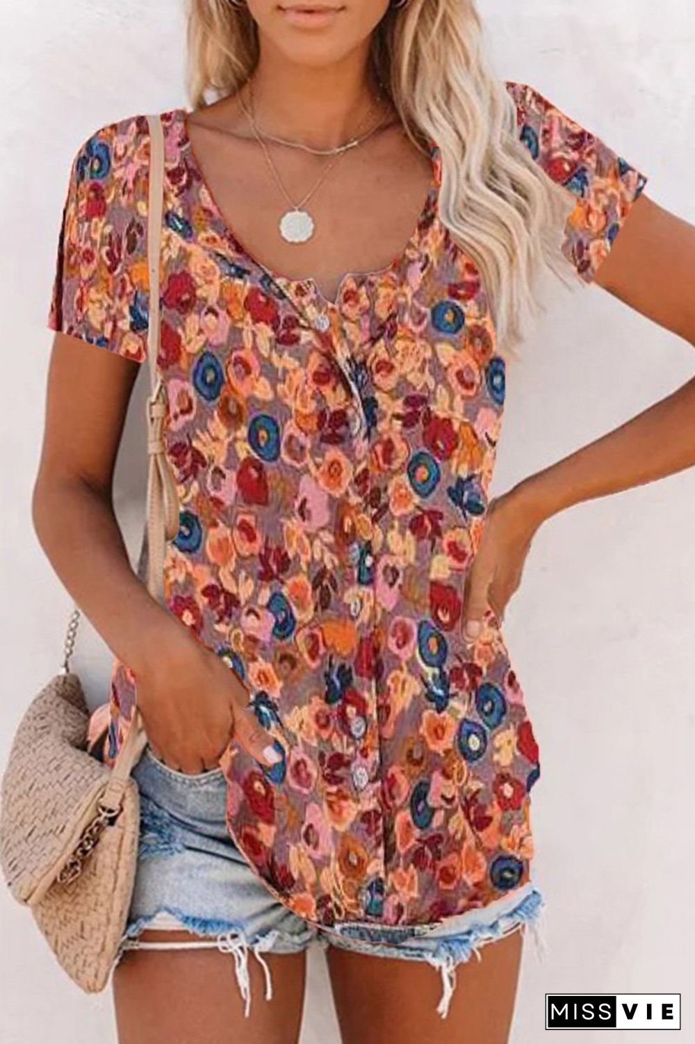 Short Sleeve Vintage Printed Chiffon T-Shirt