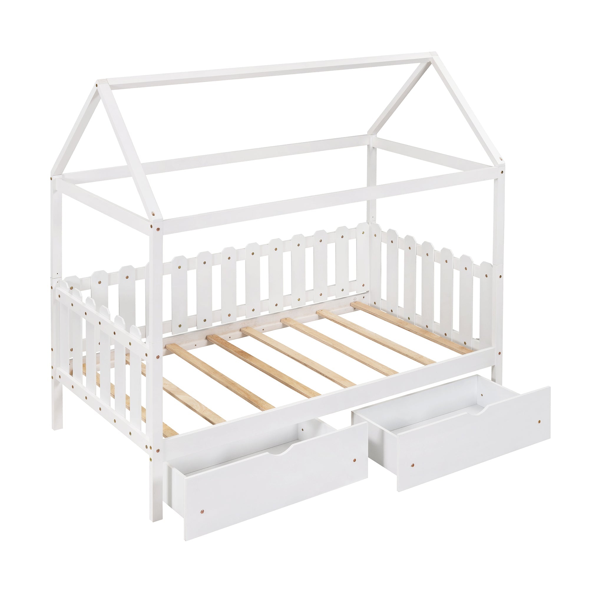 Euroco Twin Size Wood House-Shaped Bed with Drawers for Kids, White