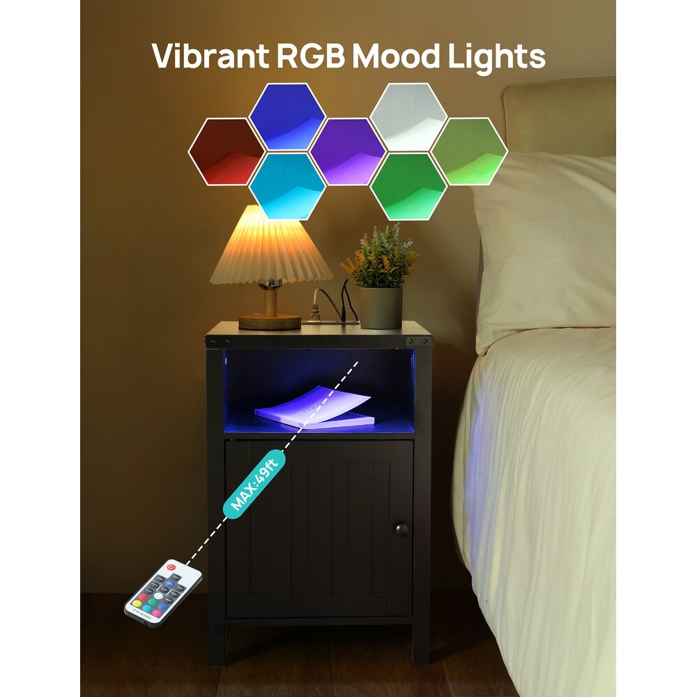 Nightstand with Charging Station And RGB Light Strip Barn Door Cabinet  Open Shelf