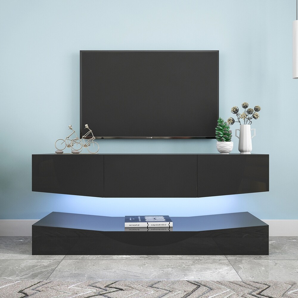 TV Stand for 55 inch TV  Modern Entertainment Center with LED Lights  for Under TV Living Game Room Bedroom  Black