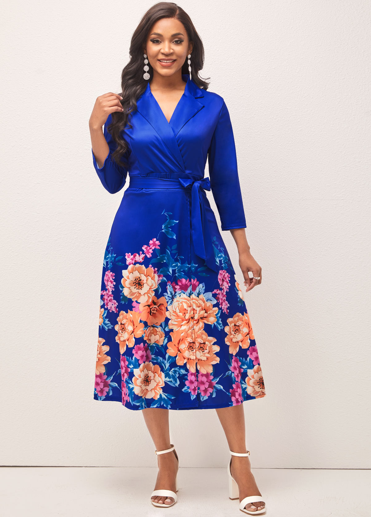 Belted Navy Blue Floral Print V Neck Dress
