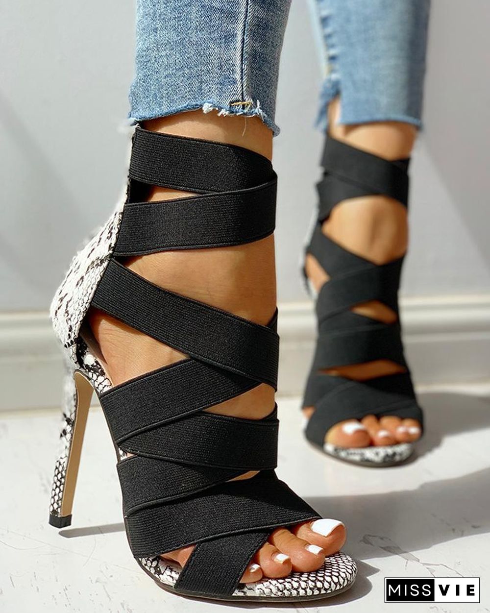 Lace-Up Bandage Patchwork Snakeskin Thin Heeled Sandals