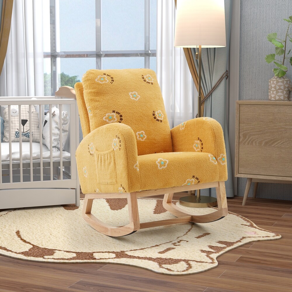 Modern Rocking Chair for Nursery  Mid Century Accent Rocker Armchair With Side Pocket  Upholstered High Back