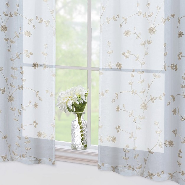 Trinity Sheer Curtains Leaves Embroidered Kitchen Curtains Rod Pocket Faux Linen Textured Window Treatments Set Of 2