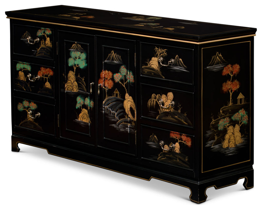 Hand Painted Black Chinoiserie Scenery Motif Oriental Sideboard   Asian   Accent Chests And Cabinets   by China Furniture and Arts  Houzz