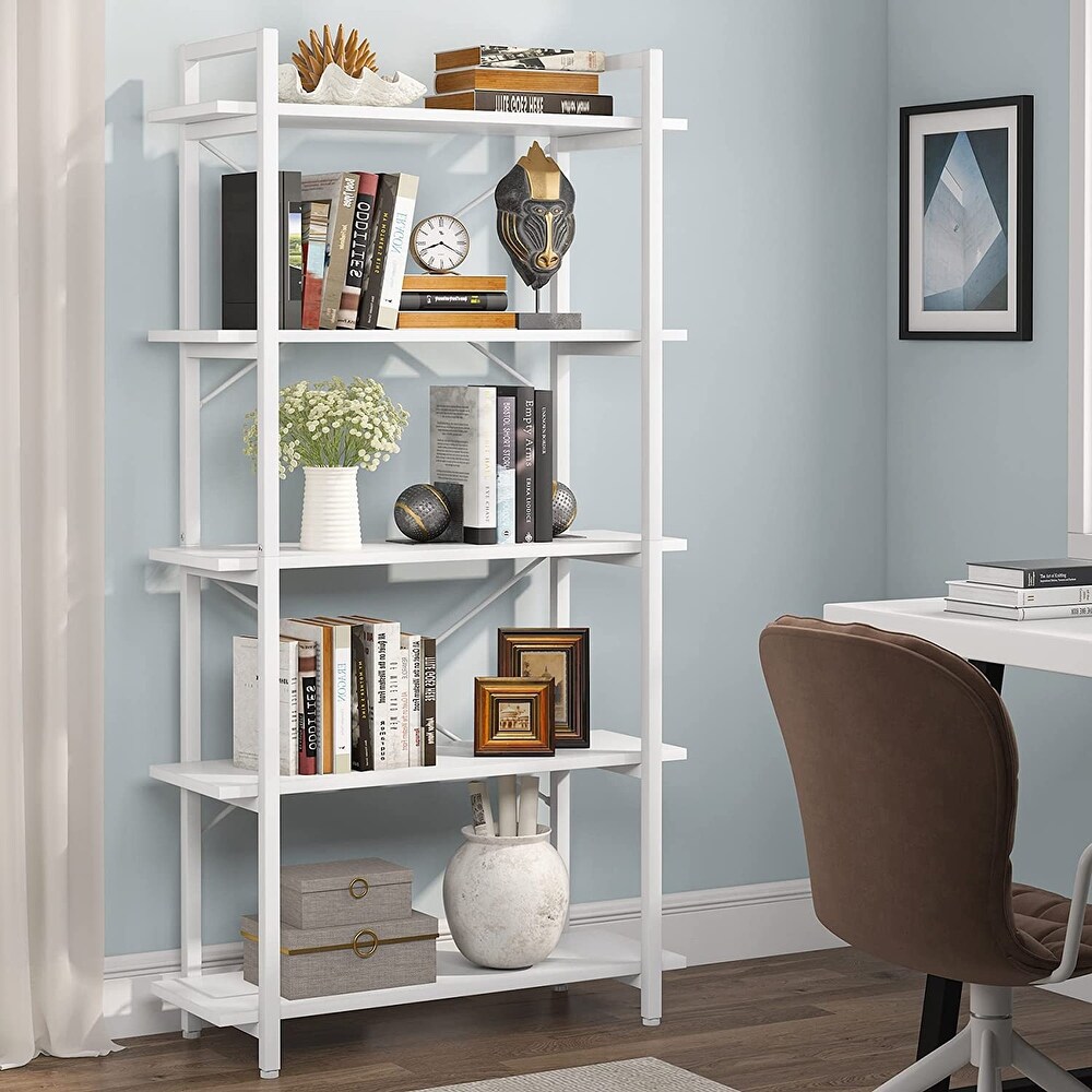 White Bookshelf 5 Tier Bookcase with Metal Frame