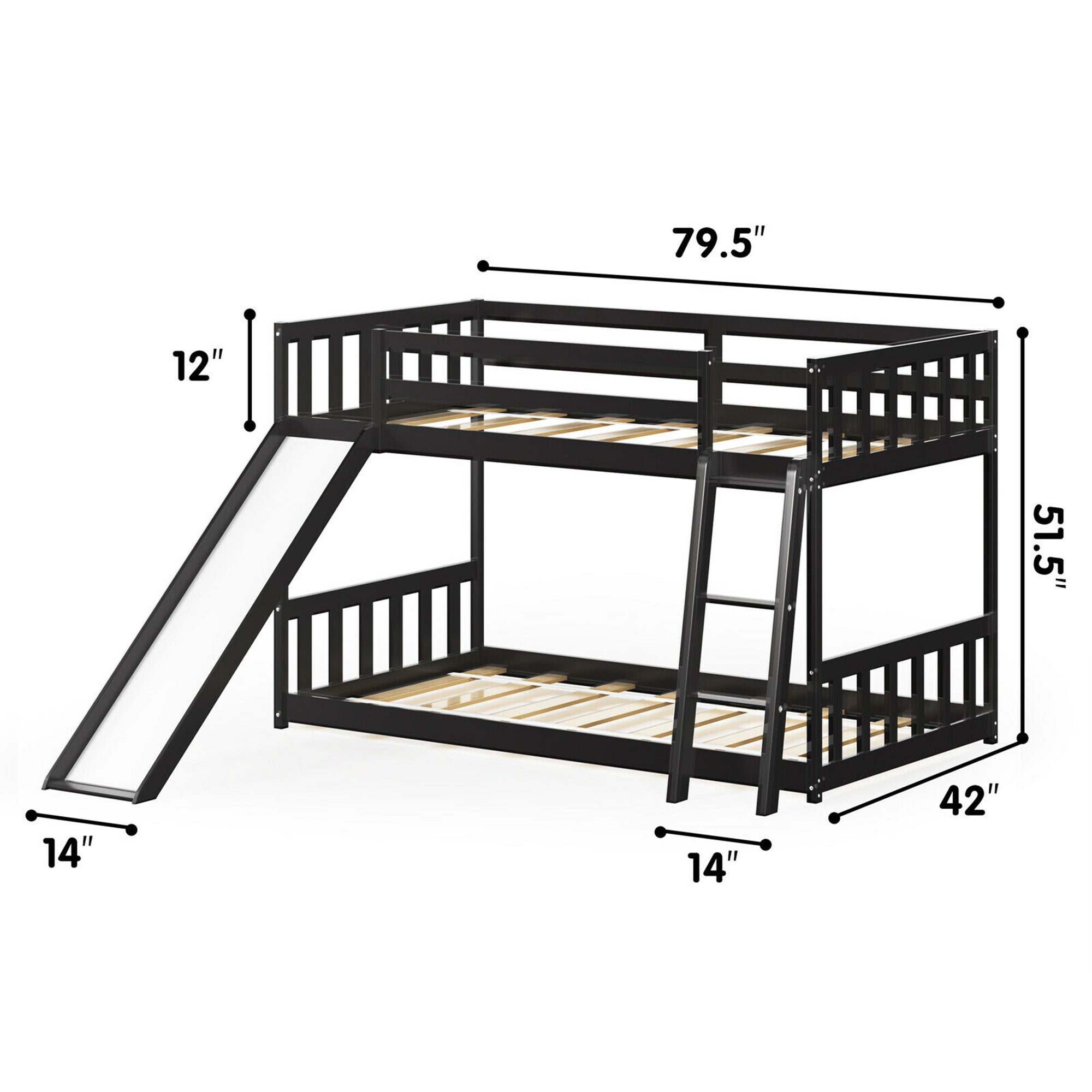 Gymax Twin over Twin Bunk Wooden Low Bed with Slide Ladder for Kids Espresso