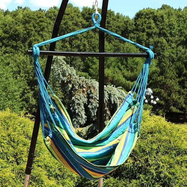 Sunnydaze Hanging Rope Hammock Chair Swing With Collapsible Bar For Backyard And Patio 265 Lb Weight Capacity Ocean Breeze