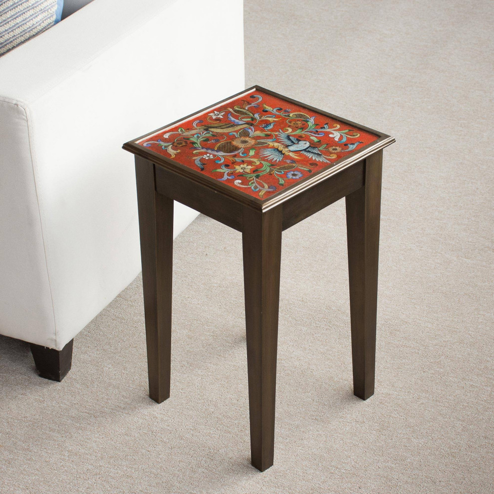 NOVICA Birds In The Red Skies And Reverse Painted Glass Accent Table   Traditional   Side Tables And End Tables   by NOVICA  Houzz