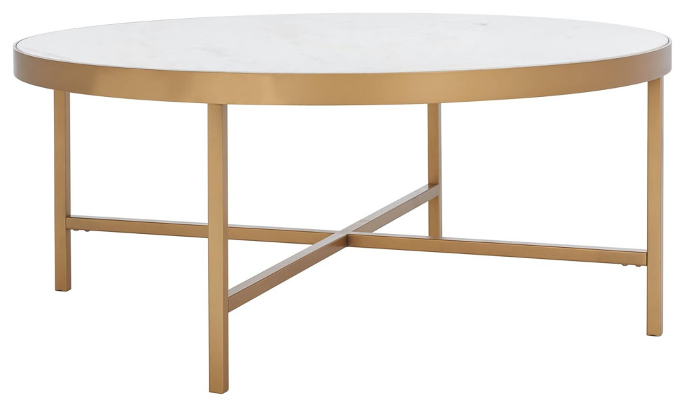 Elegant Coffee Table  Brass Finished Metal Frame With Round White Marble Top   Contemporary   Coffee Tables   by Decor Love  Houzz