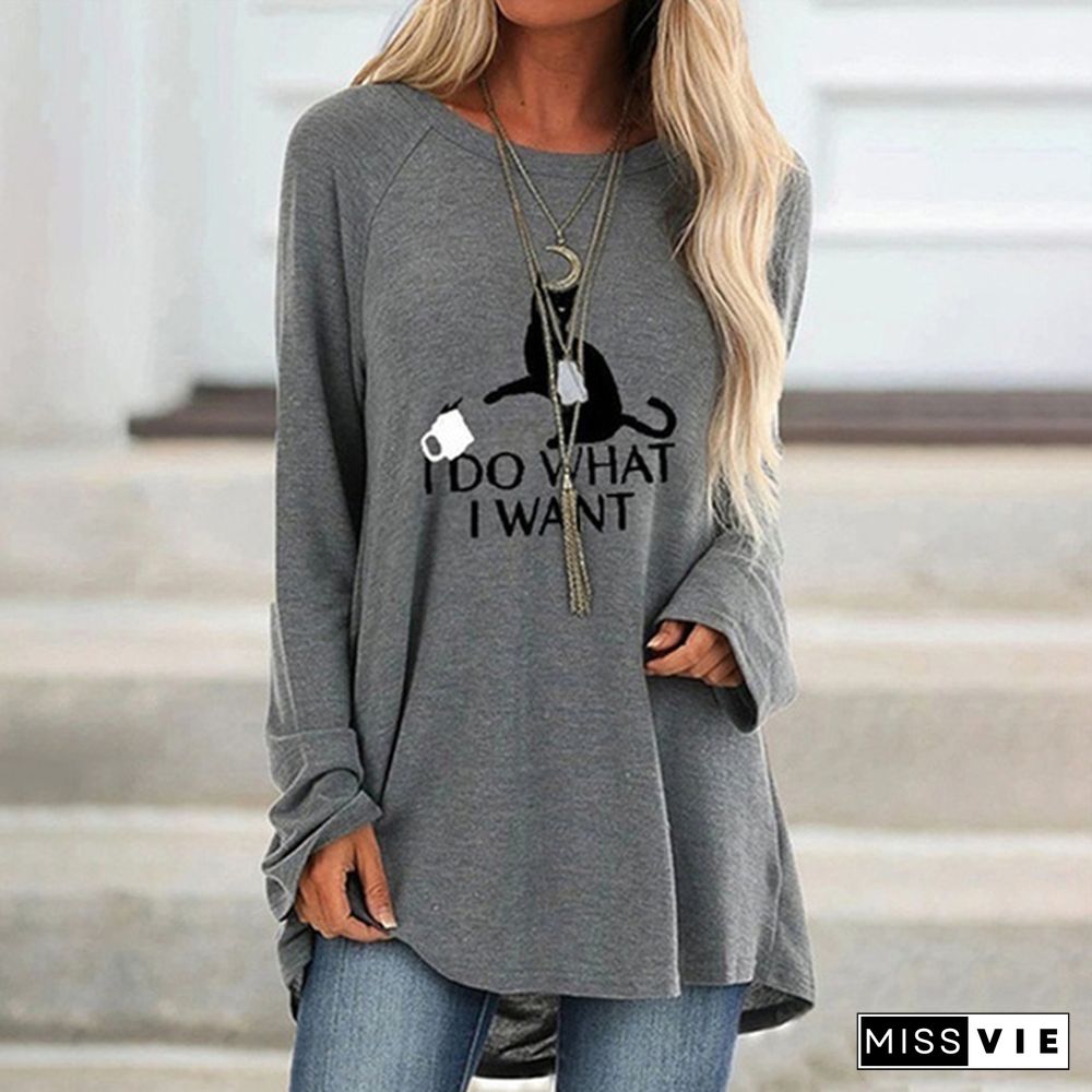 New Women Autumn and Winter Clothes Casual Printed Round Neck Long Sleeves Tunic T-Shirt Loose Cotton Pullover Blouse Plus Size XS-8XL