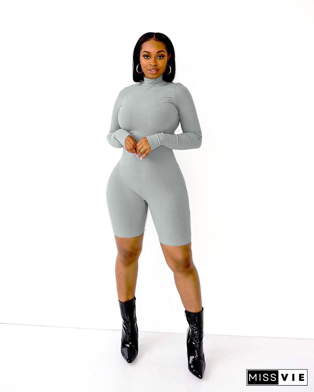 Casual Solid Pit Zip Long Sleeve Jumpsuit