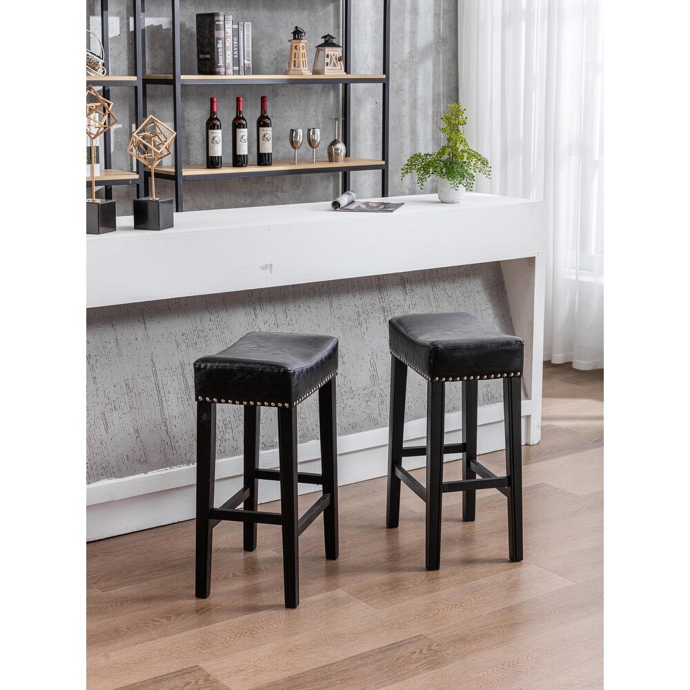 2pcs Counter Height Black Leather Bar Stools Backless Barstools