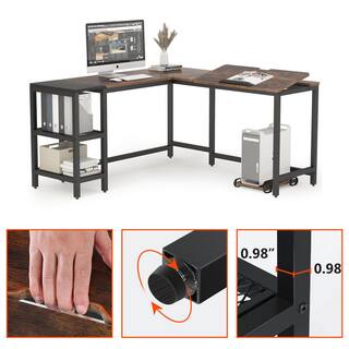 TRIBESIGNS WAY TO ORIGIN Halseey 59.05 in. L-Shape Black Metal Brown Particle Board Wood Top Corner Computer Desk with Storage Shelf HD-JW0222-WZZ