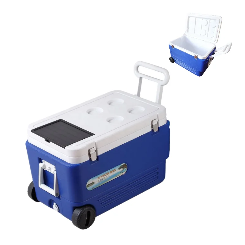 Factory Customized Logo Camping Bule 60L Plastic Trolley Cooler Box Outside Insulated Ice Chest Cooler Box with Wheels