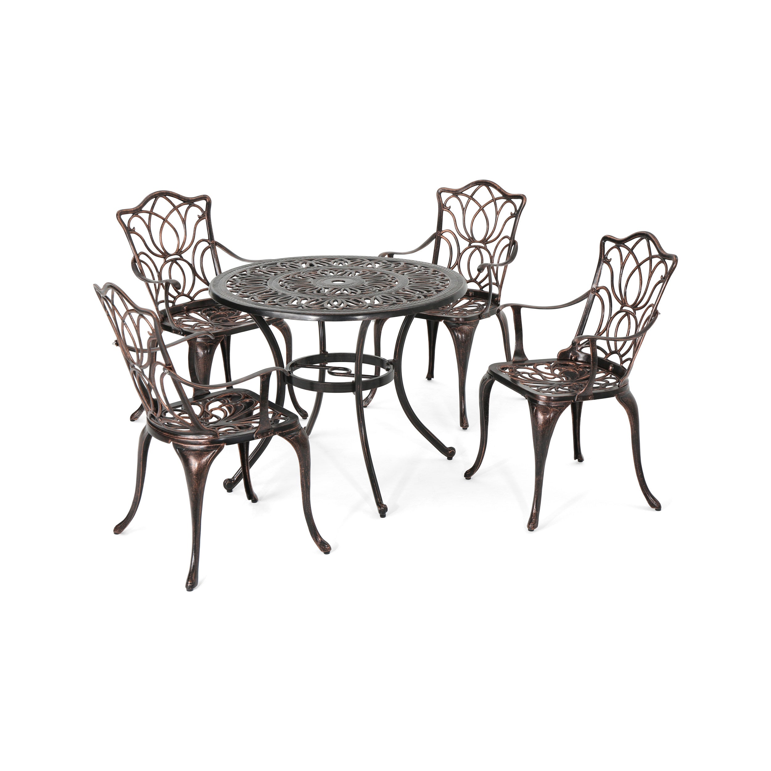 Barbara Outdoor 4-Seater Cast Aluminum Round-Table Dining Set, Shiny Copper