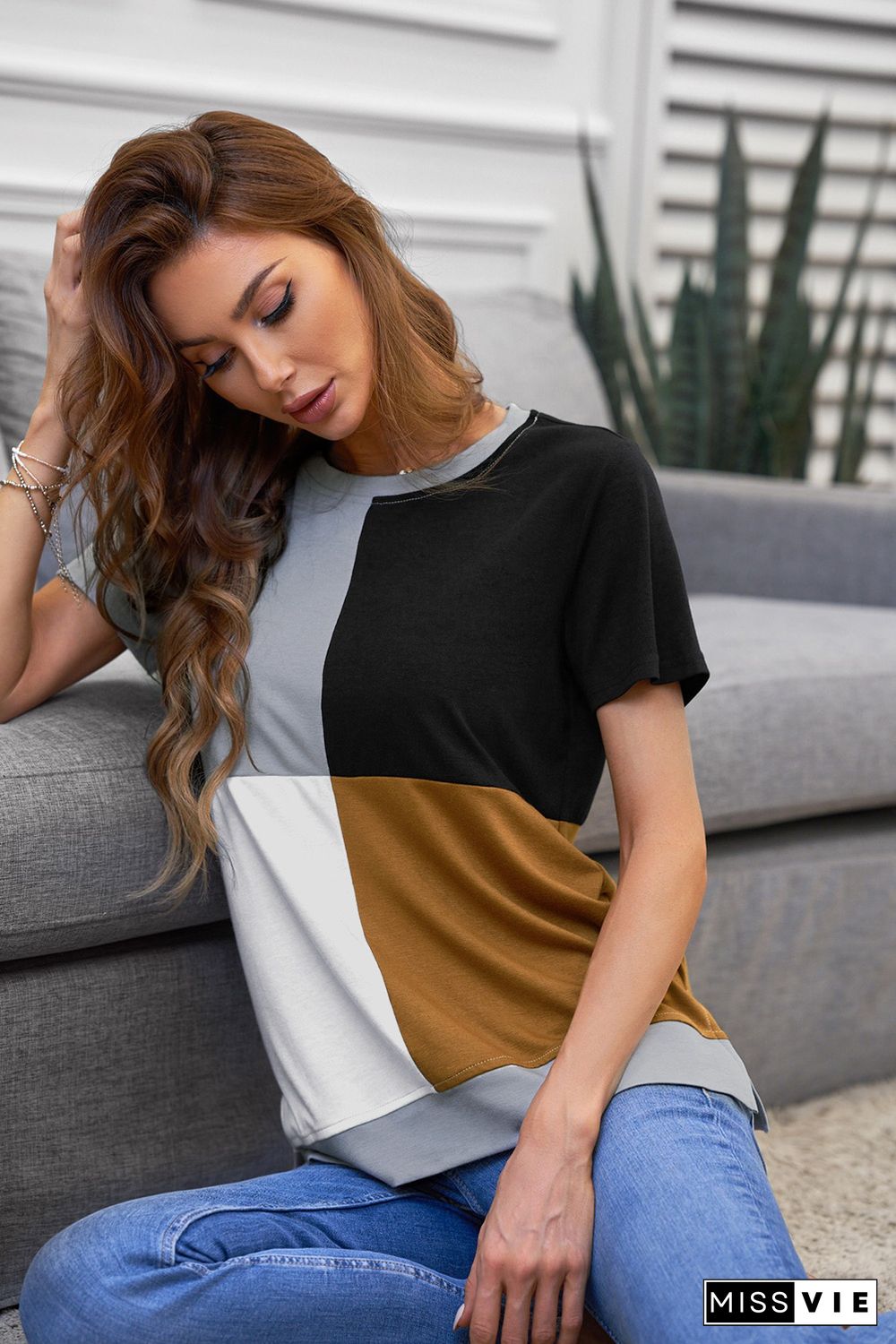 Brown Colorblock T-shirt with Slits