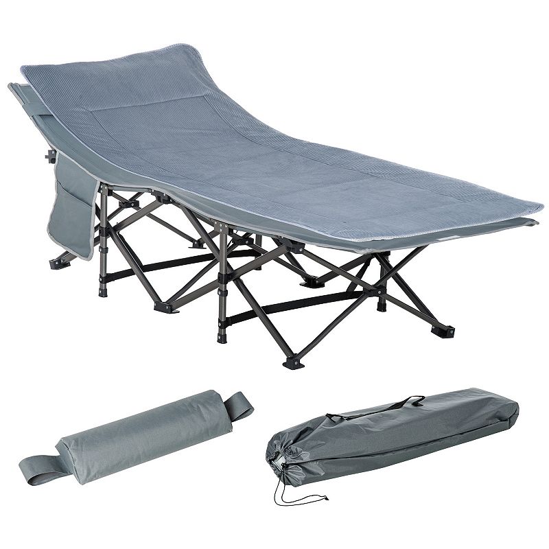 Outsunny Folding Camping Cot for Adults with Mattress and Pillow， Double Layer Oxford Heavy Duty Sleeping Cots with Carry Bag， Portable Travel Camp Cots for Indoor Outdoor， Grey