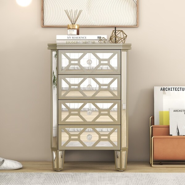 Elegant Mirrored 4-Drawer Chest with Golden Lines Storage Cabinet - - 37857305