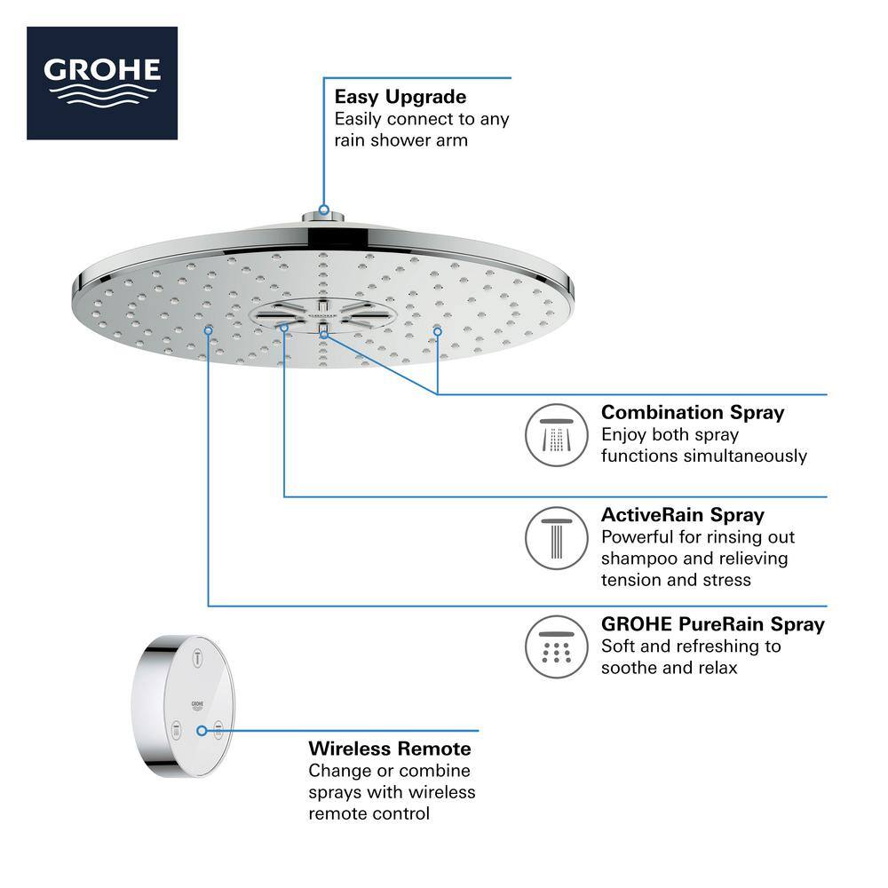 GROHE Rain shower Smartconnect 310 2-Spray with 1.75 GPM 12 in. Wall Mount Fixed Shower Head with Remote in StarLight Chrome 26644000