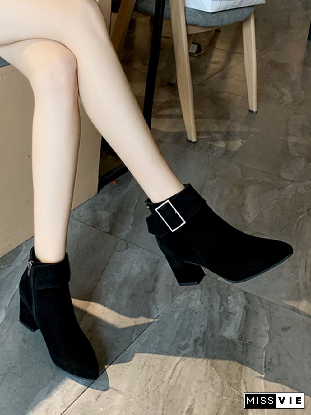 Chunky Heel Buckle Pointed-Toe Suede Martin Boots