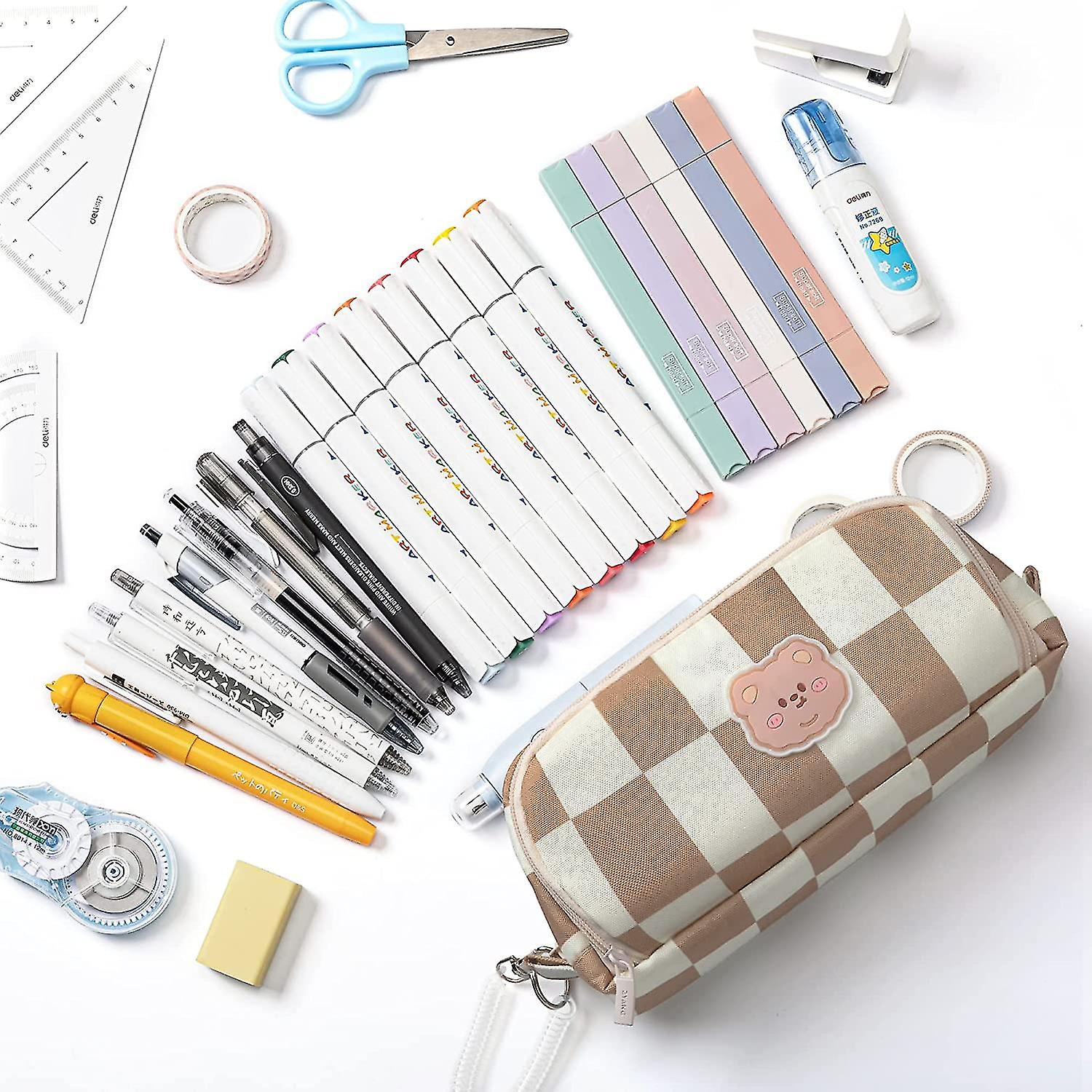 Veeki Pen Pencil Case Large Capacity Canvas Pouch Storage Bag With Removable Spring Strap Checkerboard Plaid For School Office College (brown White Pl