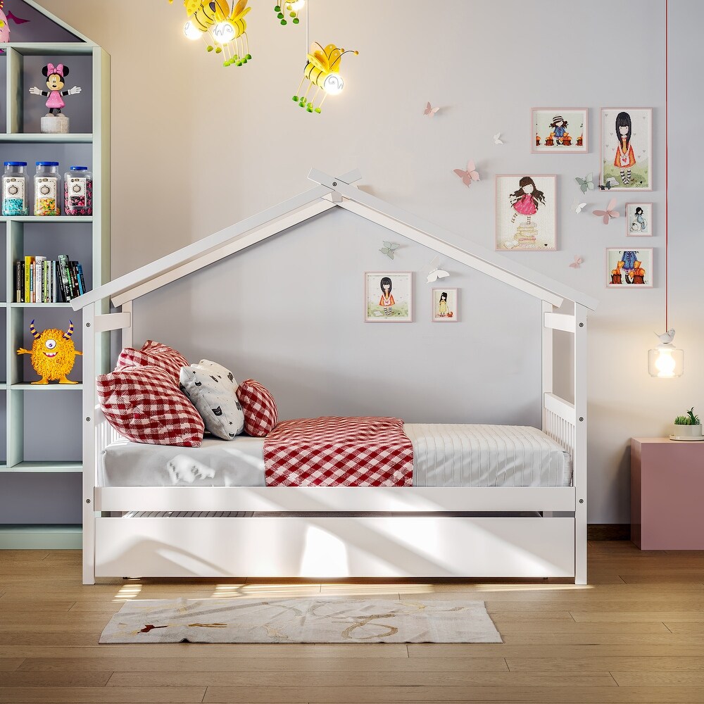 Full House Bed with Trundle  Kids Playhouse Platform Bed Frame with Storage Shelves  Montessori Be for Kids Girls Boys  White