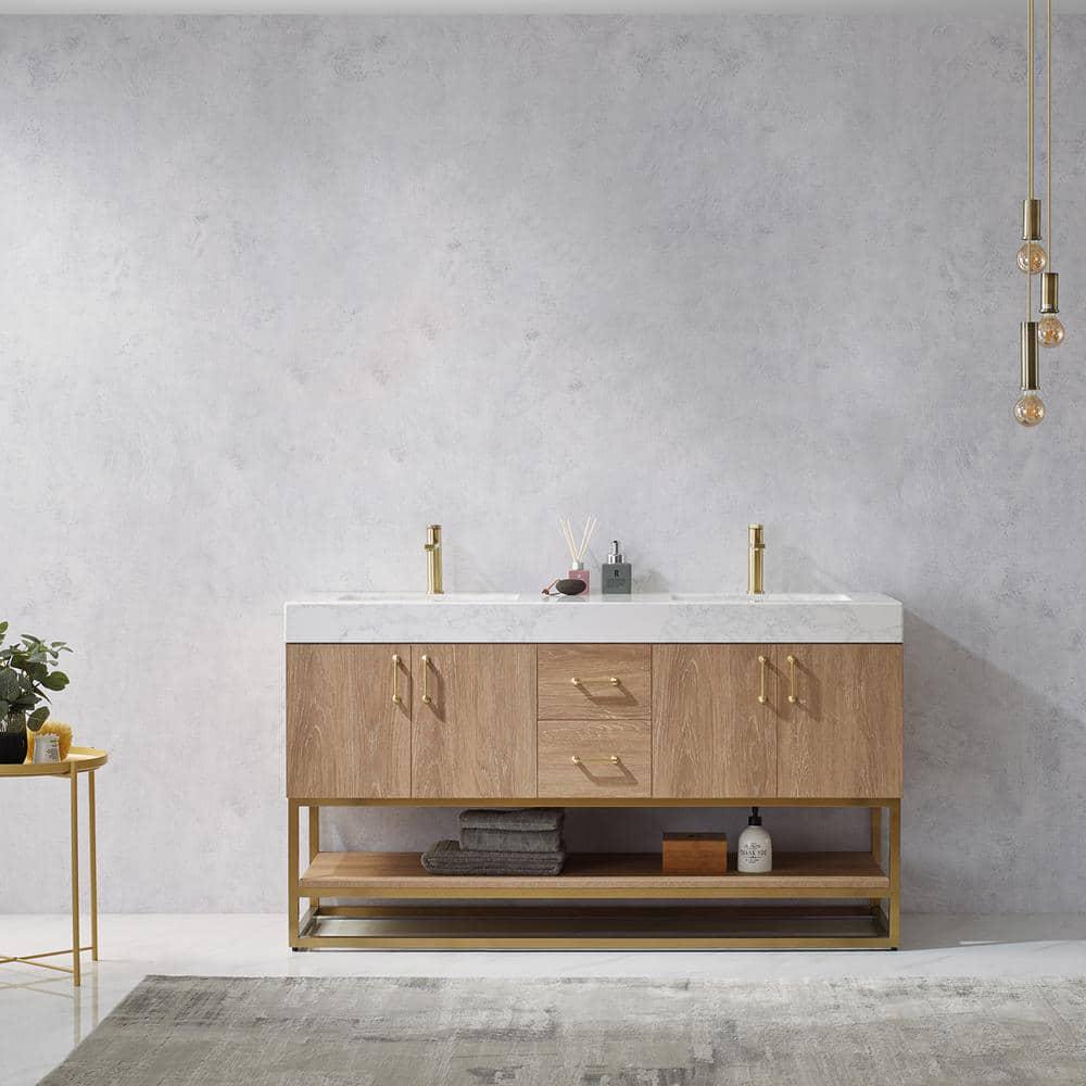 ROSWELL Alistair 60 in Bath Vanity in North American Oak with Grain Stone Top in White with White Basin