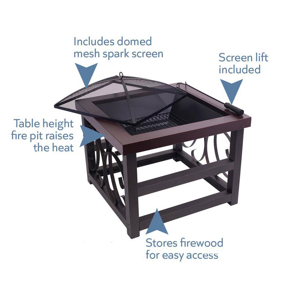 BLUE SKY OUTDOOR LIVING 28 in. Square Steel Raised Wood Fire Pit with Screen Screen Lift And Log Grate WBFP28RB