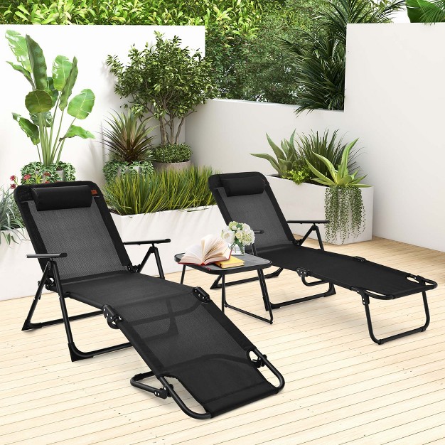 Costway 3pcs Patio Folding Chaise Lounge Chair Pvc Tabletop Set Outdoor Portable Beach