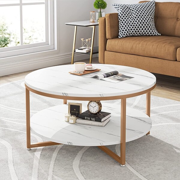 TwoTier Round Faux Marble Modern Coffee Table with Metal Legs and Open Storage Shelf for Living Room，White Gold