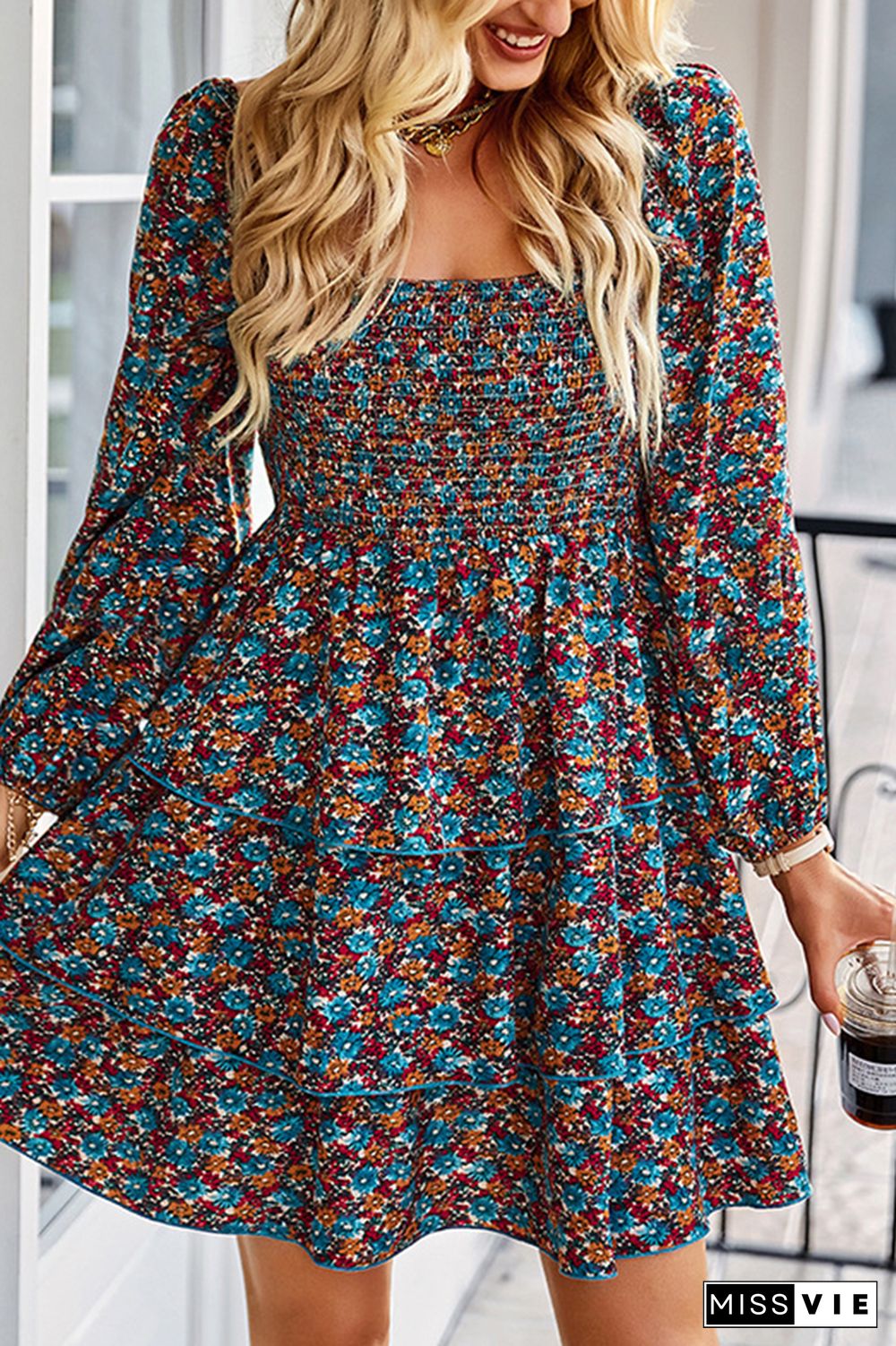 Smocked Tiered Long Sleeves Floral Dress