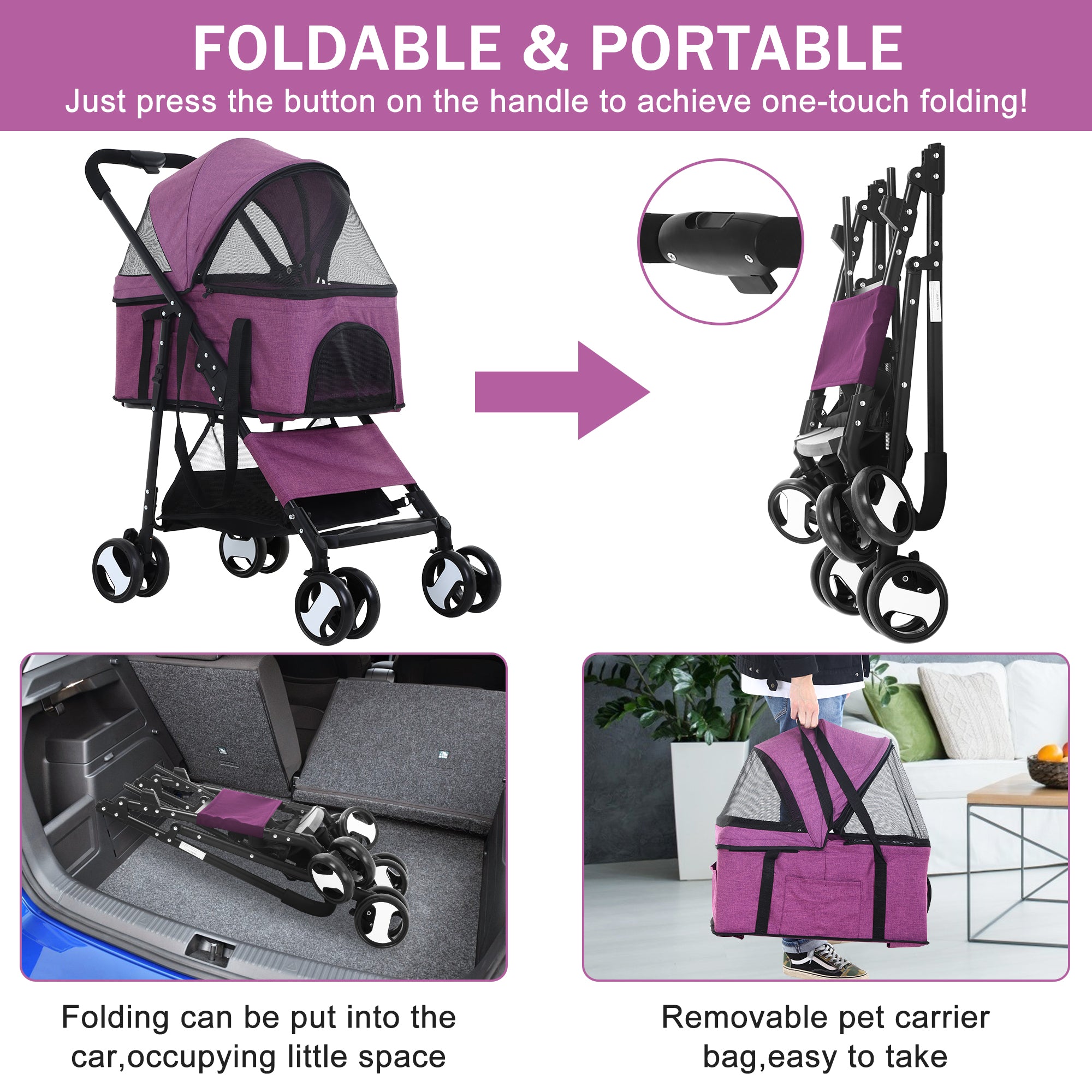 Folding Pet Stroller Dog Cat Stroller with Detachable Carrier Storage Basket， 3 in 1 Lightweight Waterproof Travel Stroller(Purple)