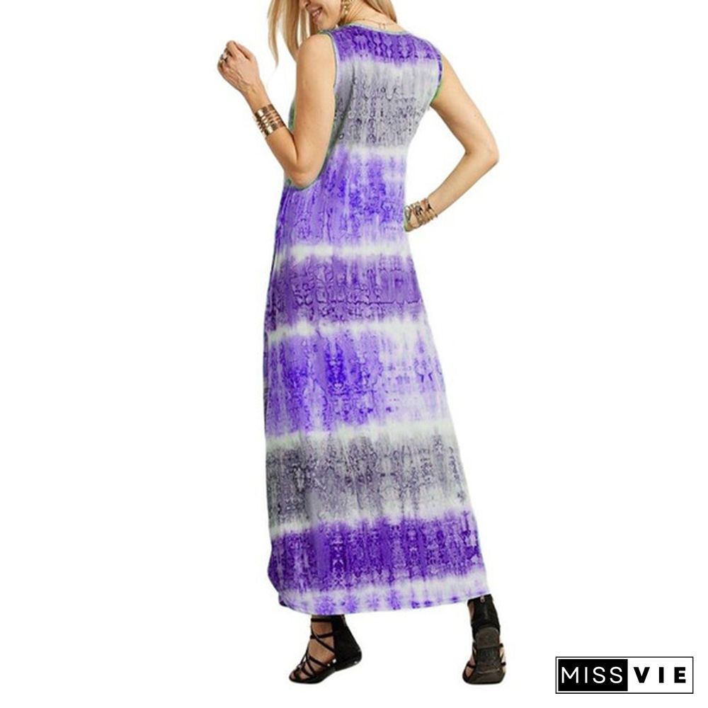 Womens Boho Sleeveless Maxi Dress Summer Casual Loose Tie dye printing Long Sundress Plus Size