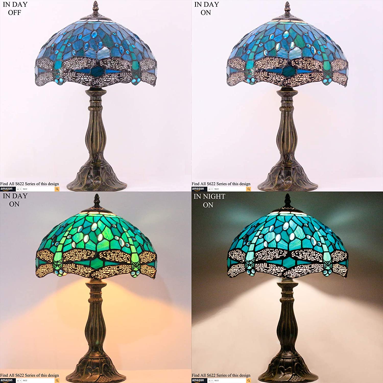 Tiffany Lamp Green Blue Stained Glass Dragonfly Style Bedside Table Lamp Desk Reading Light 12X12X18 Inches Decor Bedroom Living Room Home Office S622 Series