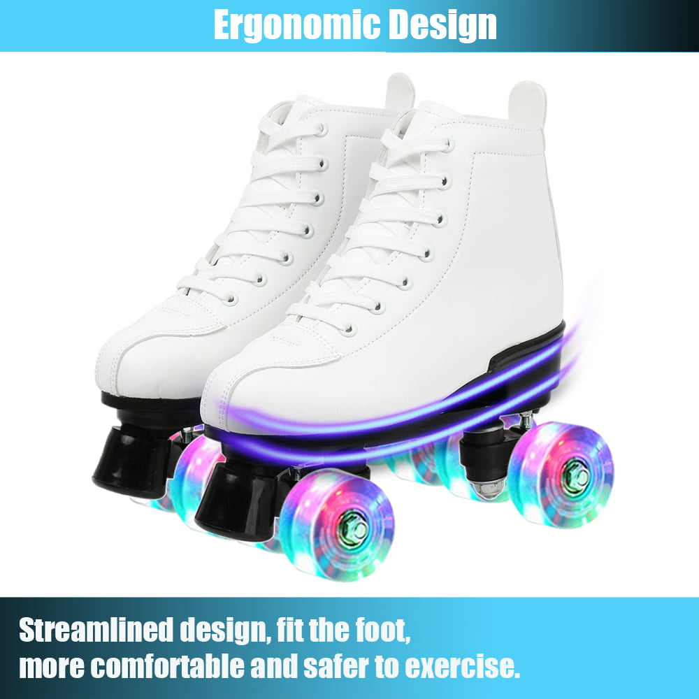 Classic Roller Skates High-Top Double-Row Shiny Wheels Roller Skates Soft Leather Roller Skates for Women and Men，White